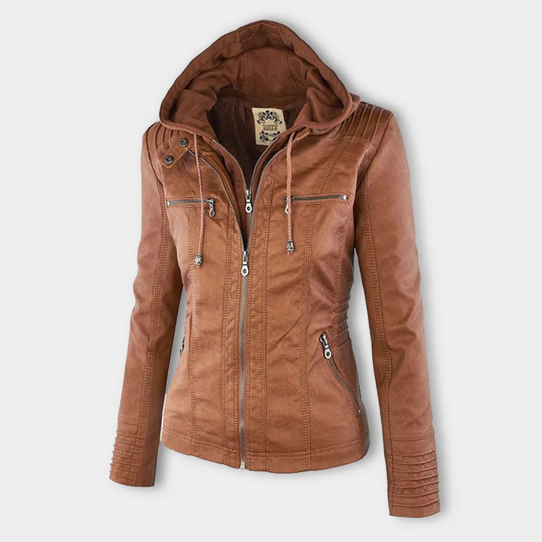 Jacke in Leder-Optik mit Kapuze und Steppdetails in Braun, Vorderansicht