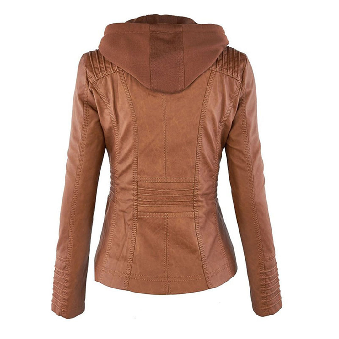 Jacke in Leder-Optik mit Kapuze in Braun, Rückansicht mit Steppnähten