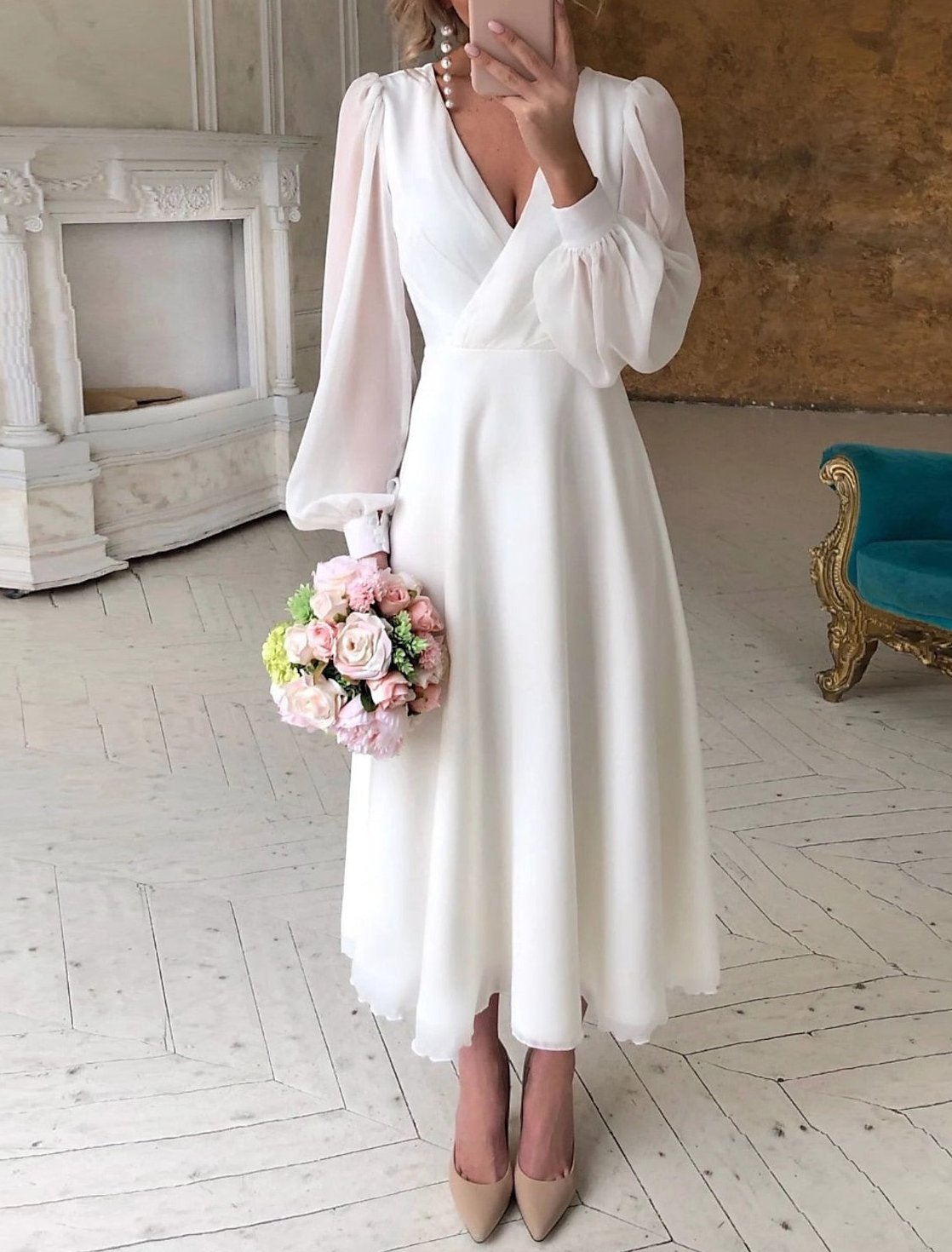 Festliches Kleid Damen, Wickeloptik, Ballonärmeln, Chiffonoptik
