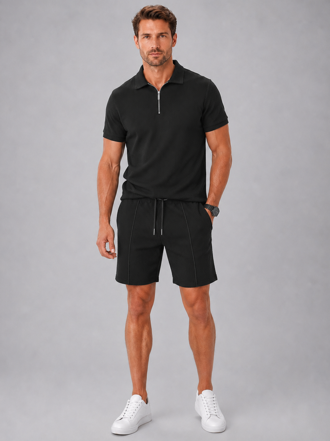 Poloshirt Herren Zweiteiler mit Zip und Shorts in Waffelstruktur