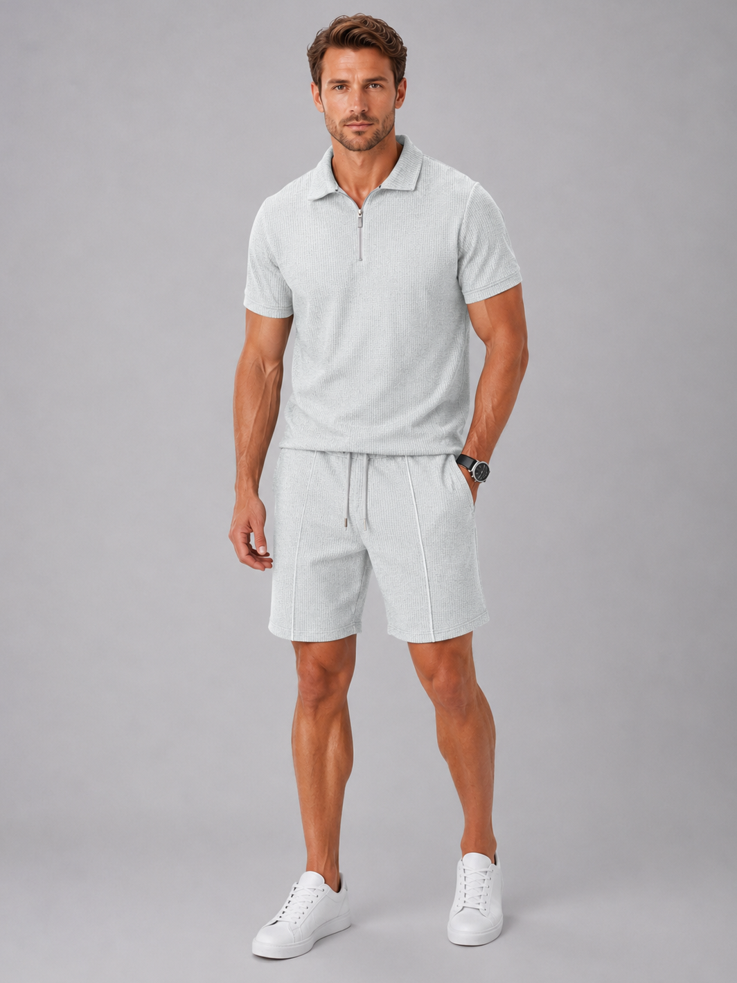 Poloshirt Herren Zweiteiler mit Zip und Shorts in Waffelstruktur