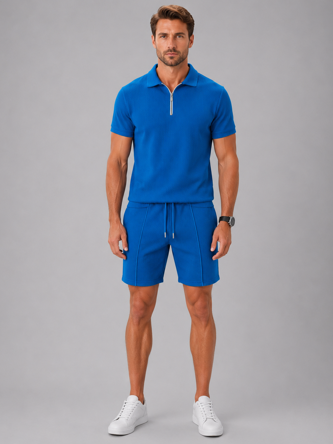 Poloshirt Herren Zweiteiler mit Zip und Shorts in Waffelstruktur