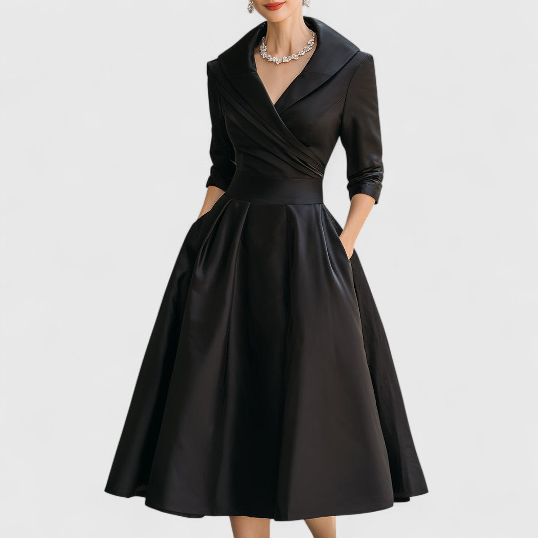 Midi-Cocktailkleid mit Tellerrock und Schalkragen in Schwarz