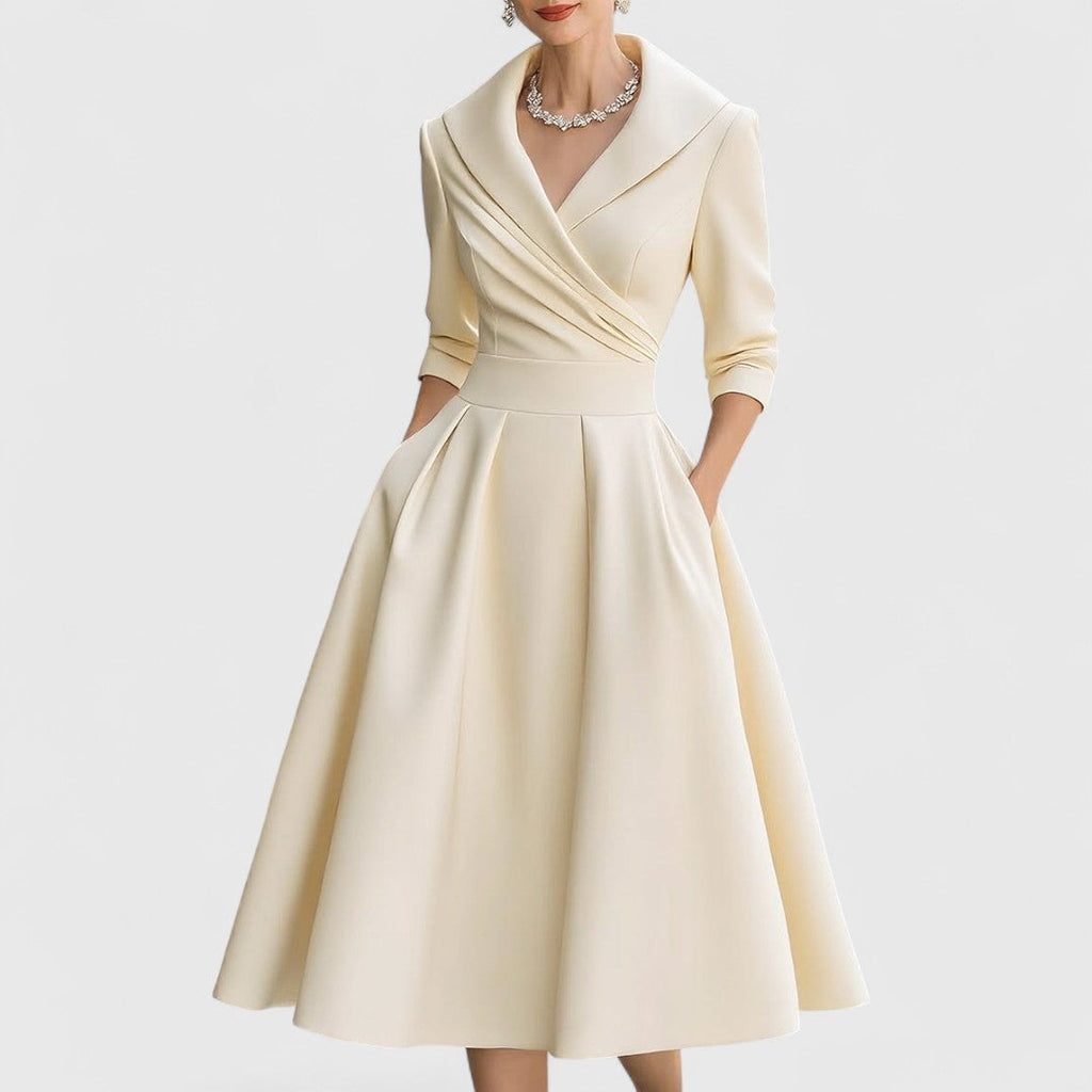 Damen Cocktailkleid in Wickeloptik mit Schalkragen, Midi-Länge, Ansicht 5