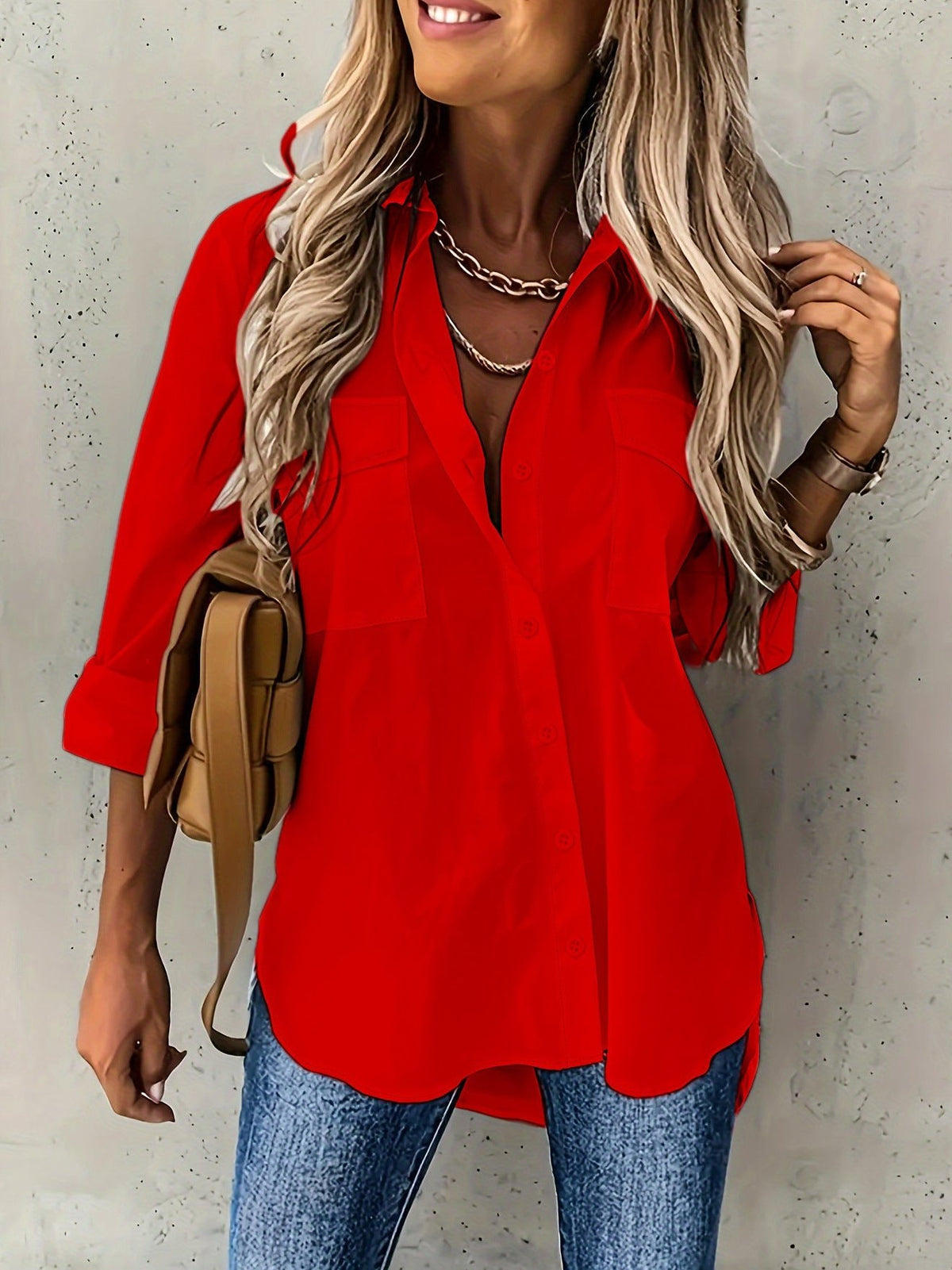 Bayer Modehaus - Damen Hemdbluse langarm mit Brusttaschen und Knopfleiste in Rot
