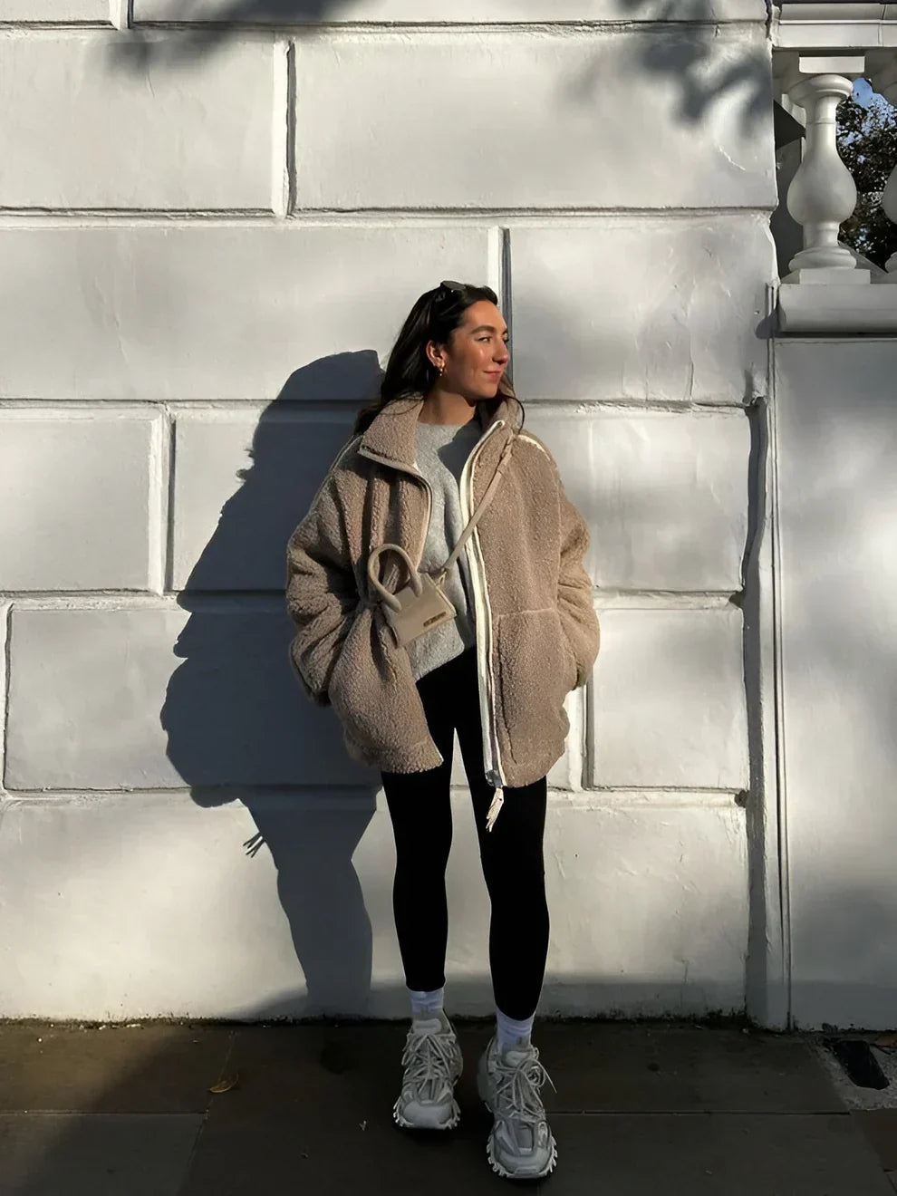 Damen Oversized Teddyjacke mit Stehkragen und Reißverschluss