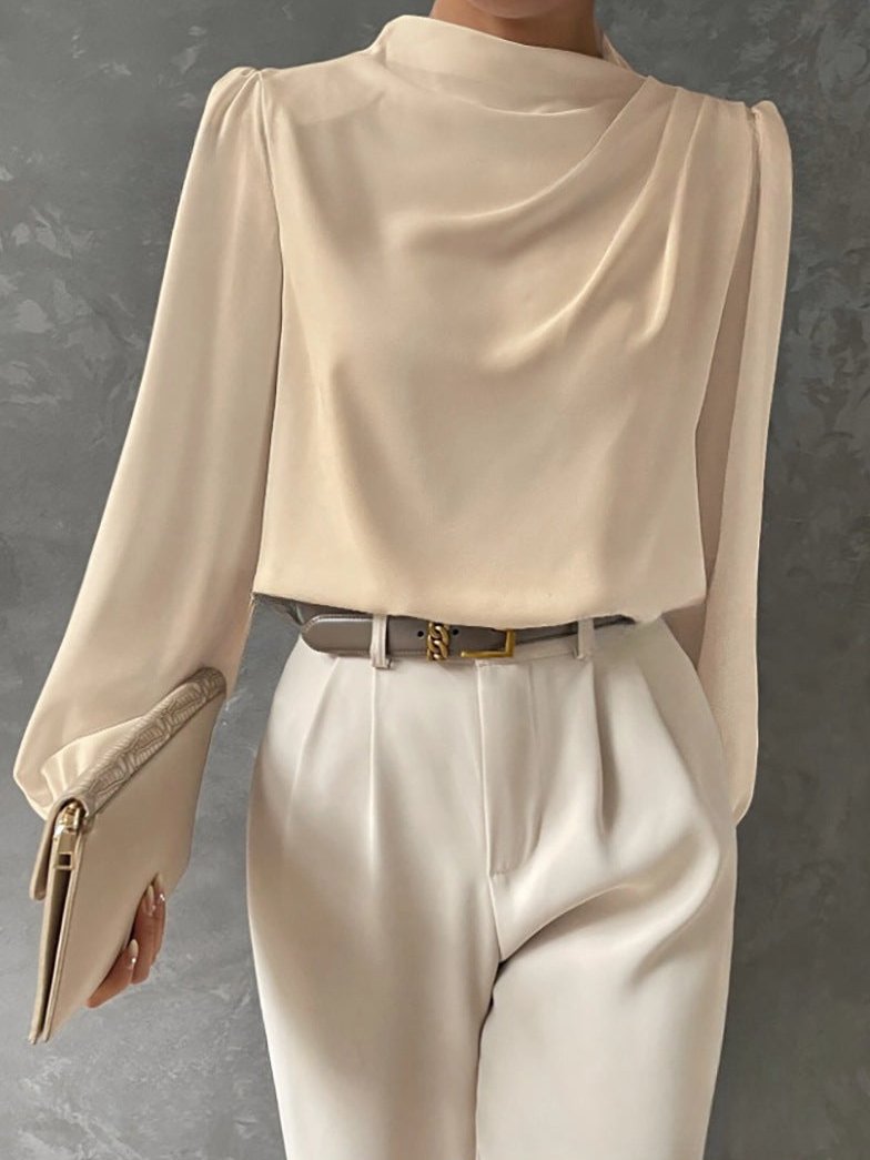 Bluse Damen Langarm mit Stehkragen und Drapierung in lockerer Passform