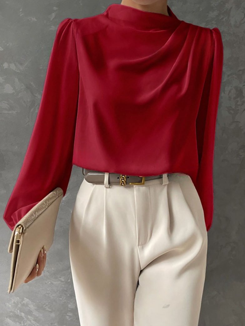 Bluse Damen Langarm mit Stehkragen und Drapierung in lockerer Passform