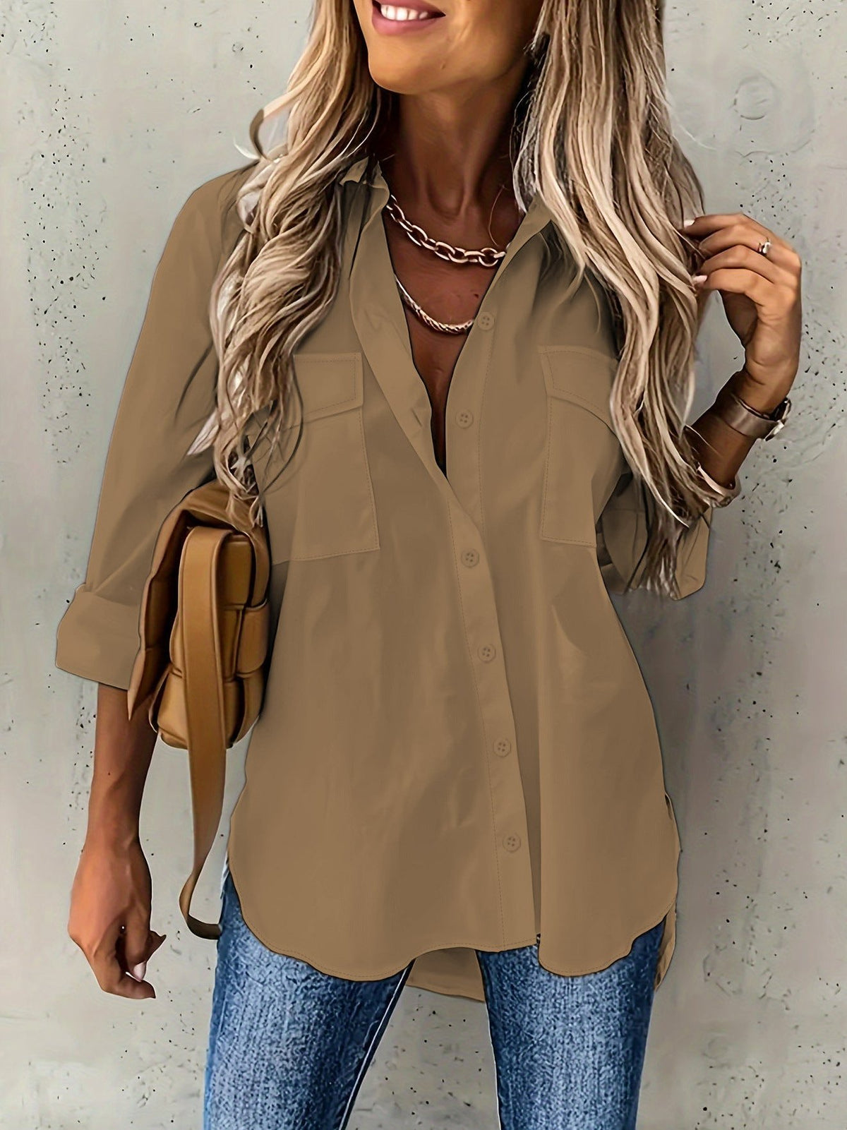 Bayer Modehaus - Damen Hemdbluse langarm mit Brusttaschen und Knopfleiste in Khaki