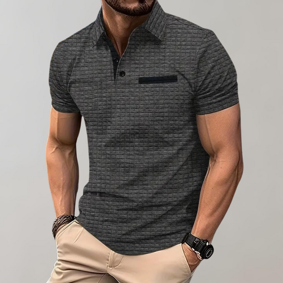 Poloshirt Herren Kurzarm mit geprägtem Karomuster und Brusttasche
