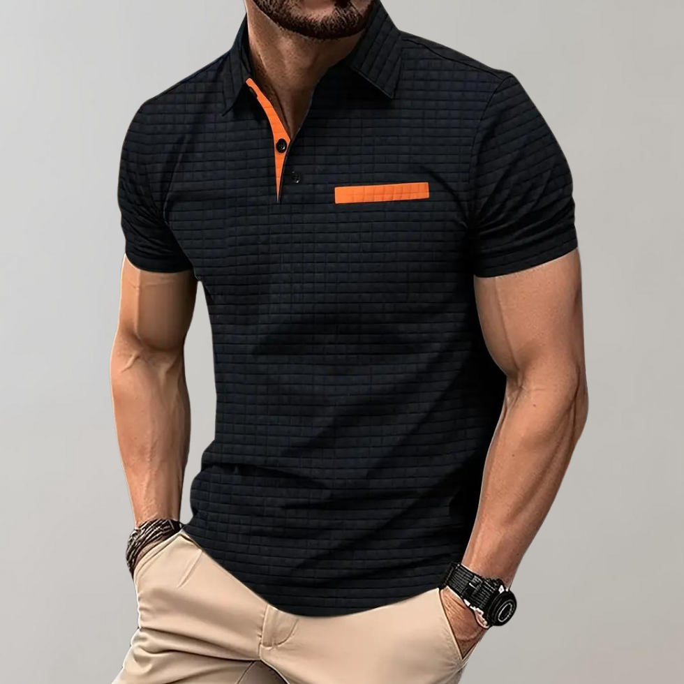Poloshirt Herren Kurzarm mit geprägtem Karomuster und Brusttasche