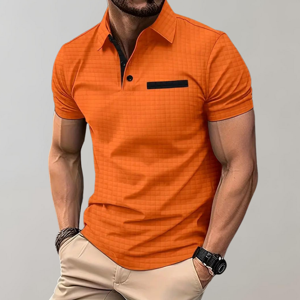 Poloshirt Herren Kurzarm mit geprägtem Karomuster und Brusttasche
