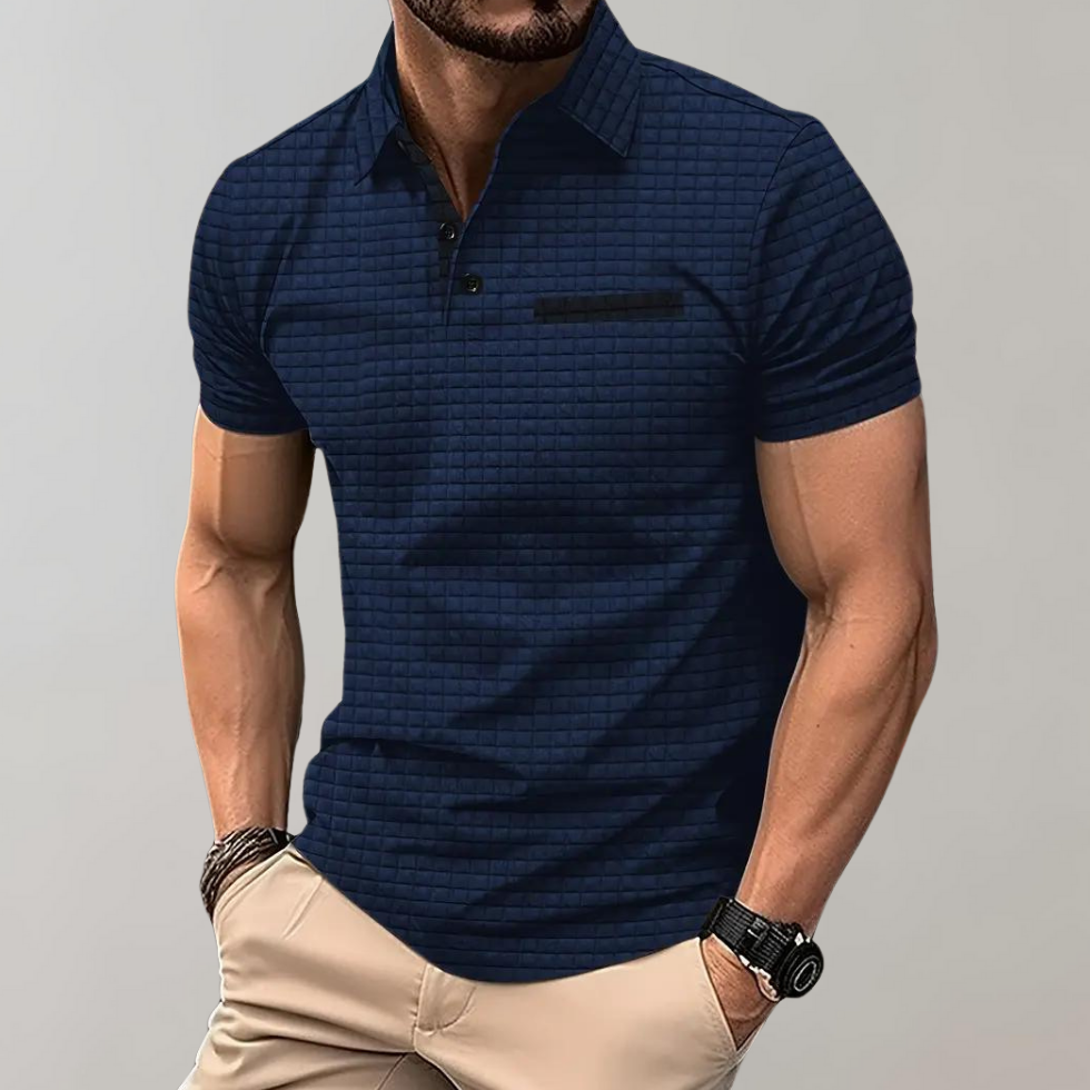 Poloshirt Herren Kurzarm mit geprägtem Karomuster und Brusttasche
