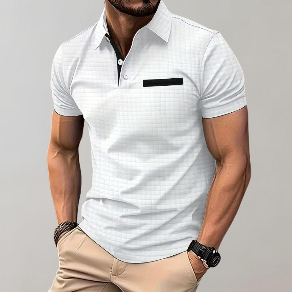 Poloshirt Herren Kurzarm mit geprägtem Karomuster und Brusttasche