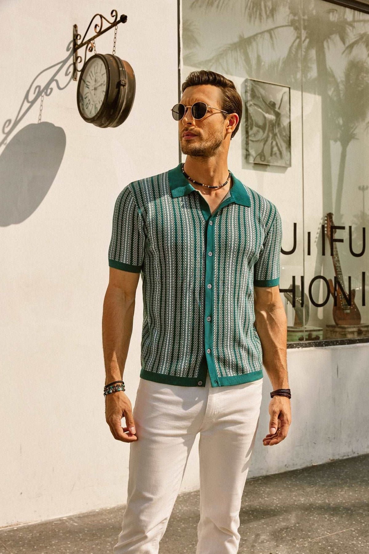 Poloshirt Herren Strickpolo, Streifenmuster, Polokragen, Knopfleiste