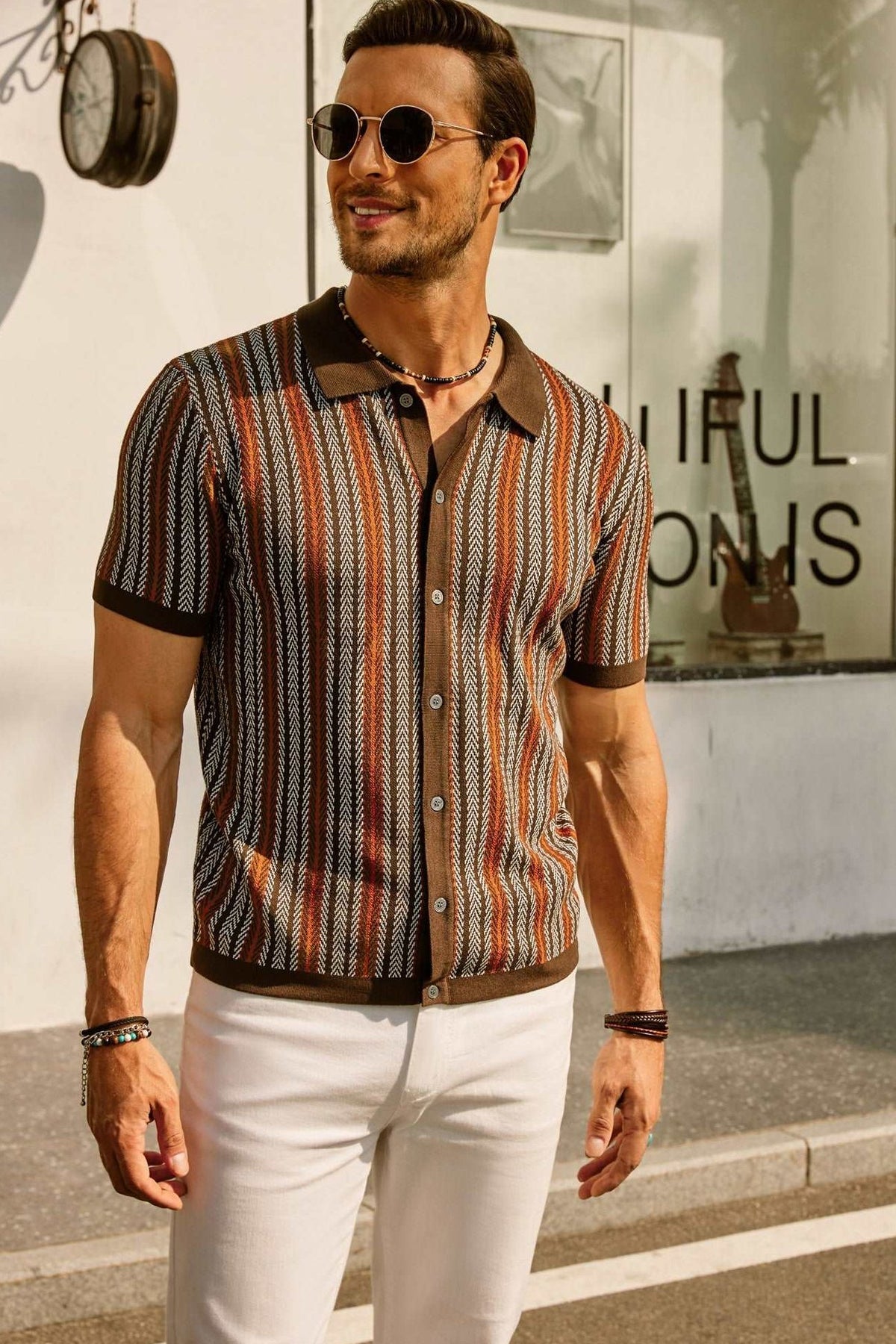 Poloshirt Herren Strickpolo, Streifenmuster, Polokragen, Knopfleiste