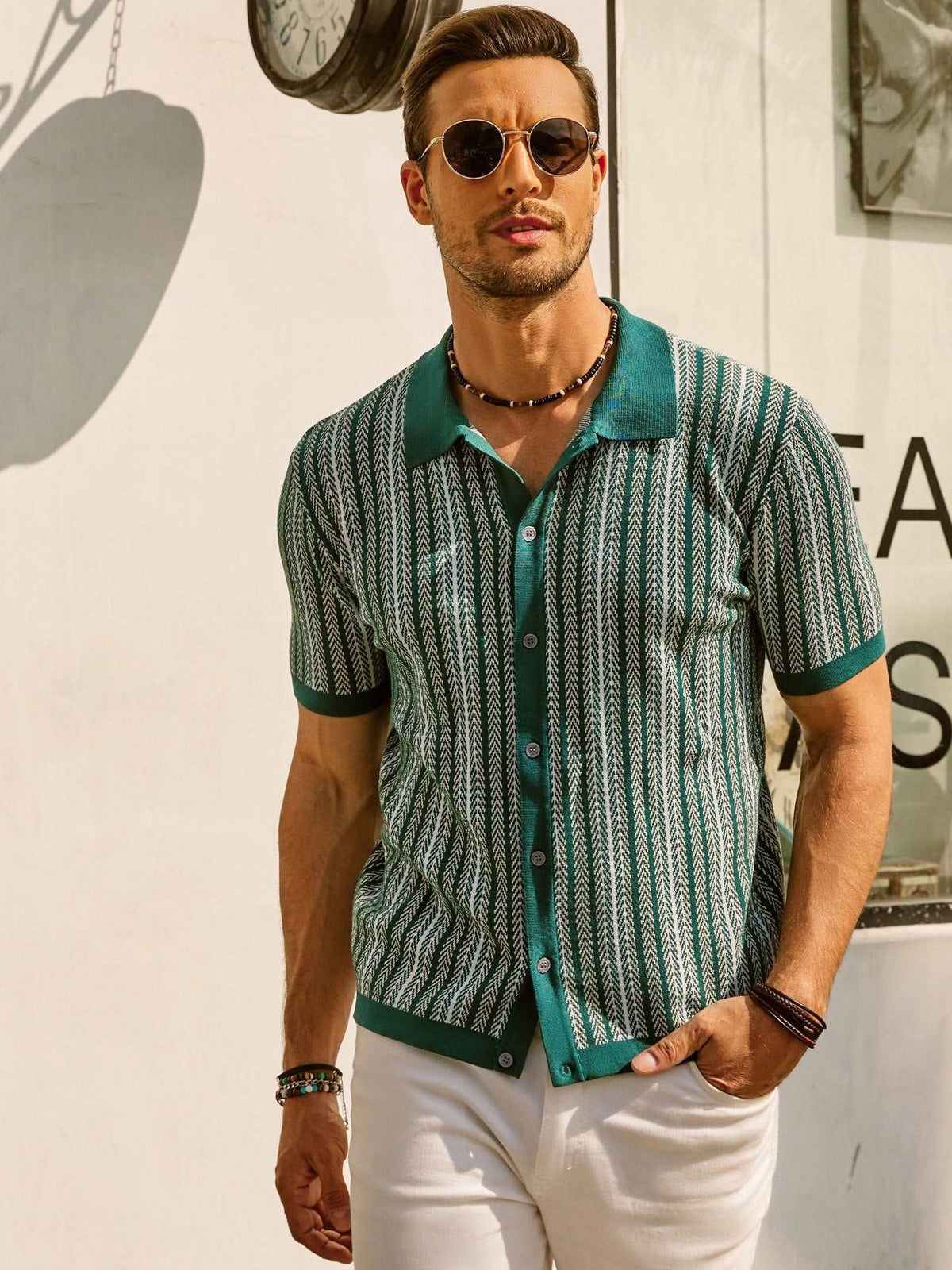 Poloshirt Herren Strickpolo, Streifenmuster, Polokragen, Knopfleiste