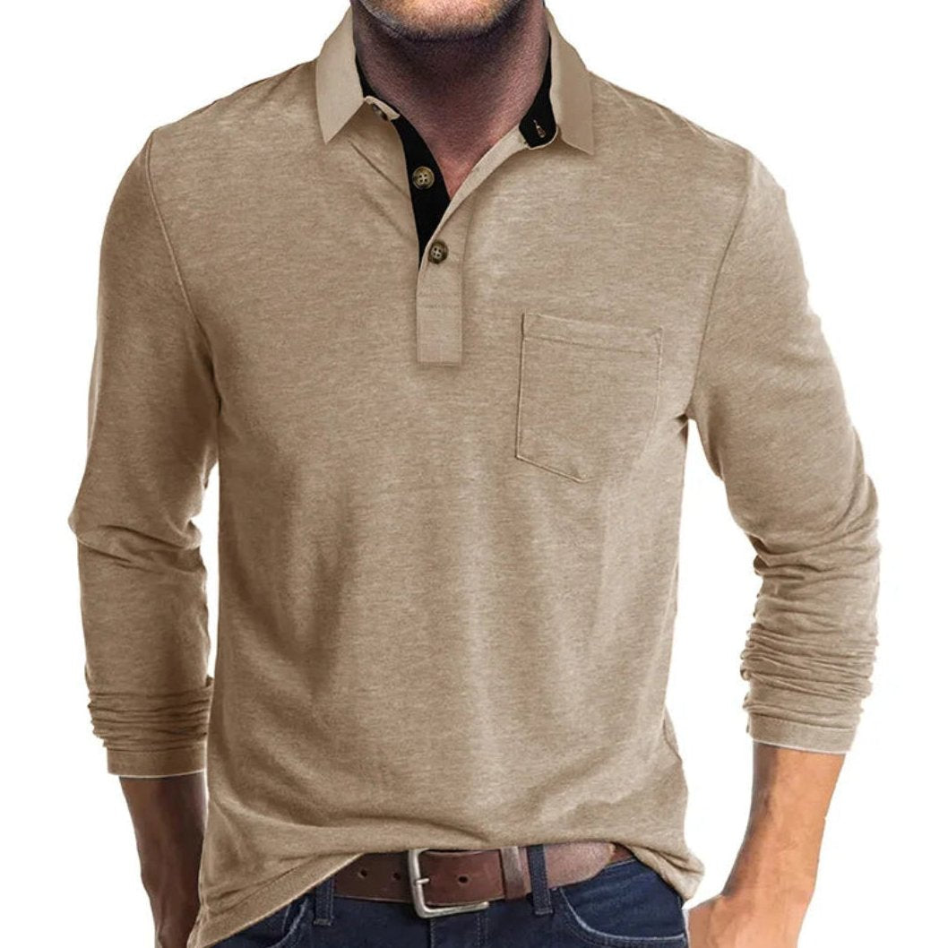 Bayer Modehaus - Herren Langarm-Poloshirt mit Polokragen und Brusttasche in Khaki