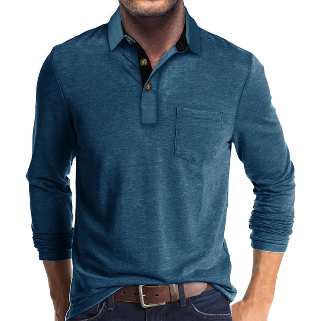 Herren Langarm-Poloshirt mit Brusttasche in Blau