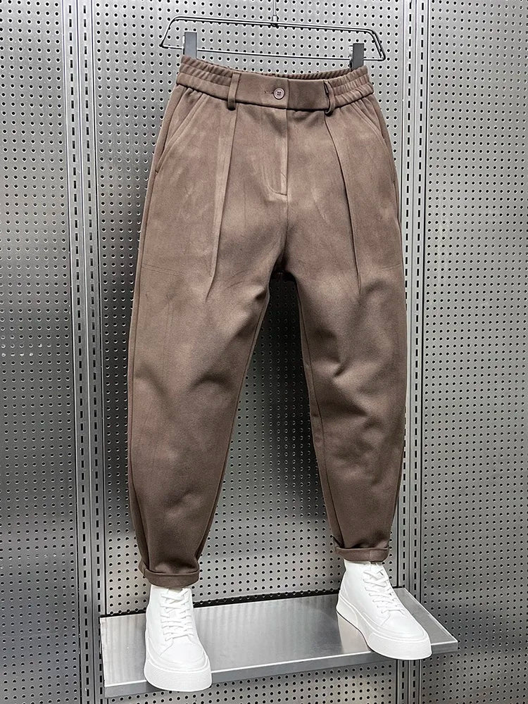 Herren Bundfaltenhose mit Elastikbund und Umschlag, Wolloptik