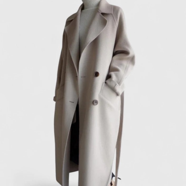 Bayer Modehaus - Damen Langer Zweireiher-Mantel mit Bindegürtel, Oversized in Beige