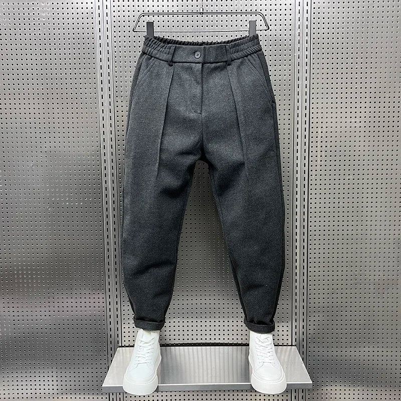 Herren Bundfaltenhose mit Elastikbund und Umschlag, Wolloptik
