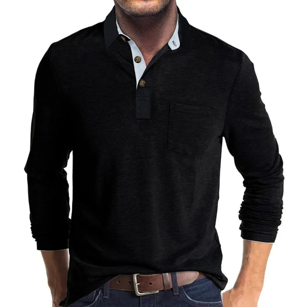 Herren Langarm-Poloshirt mit Brusttasche in Schwarz