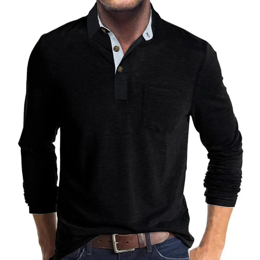 Bayer Modehaus - Herren Langarm-Poloshirt mit Polokragen und Brusttasche in Schwarz