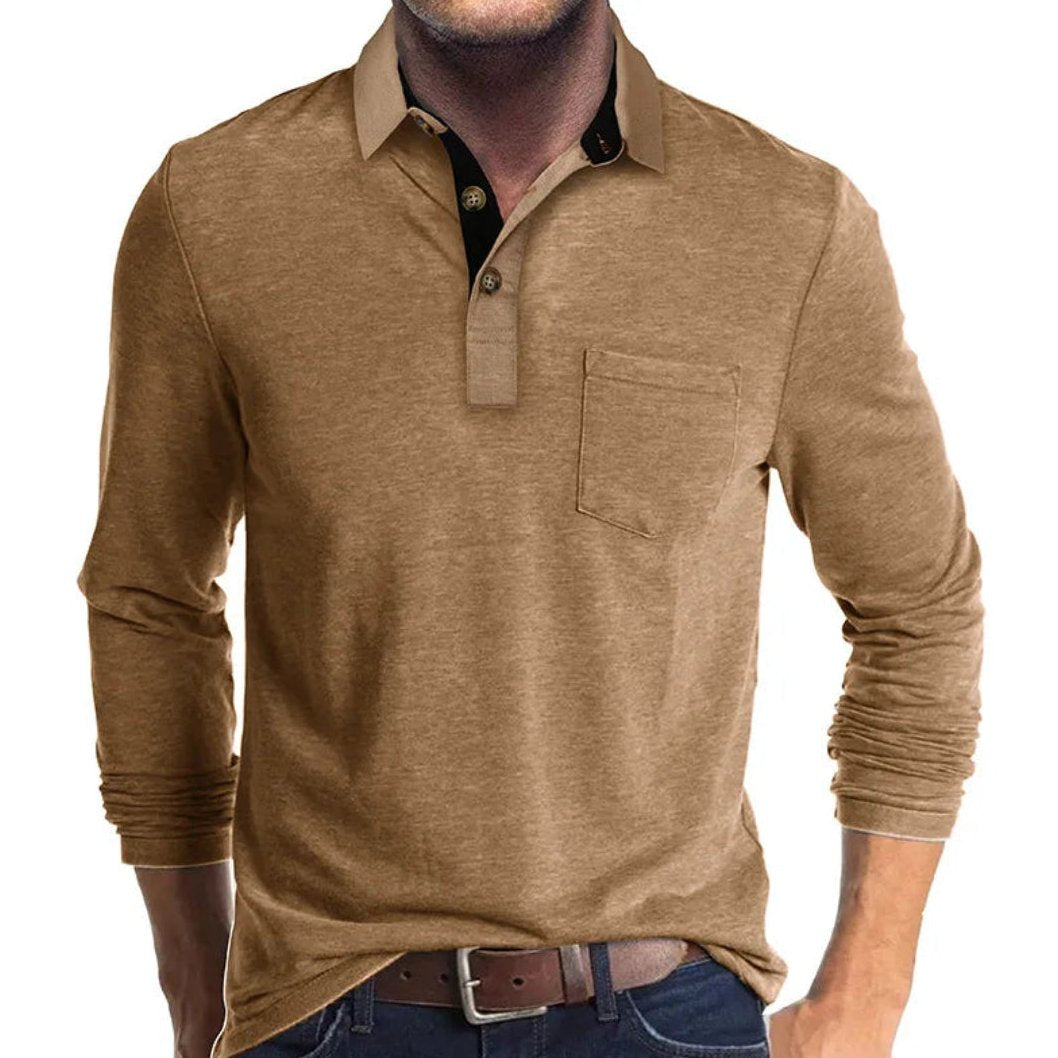 Bayer Modehaus - Herren Langarm-Poloshirt mit Polokragen und Brusttasche in Hellbraun