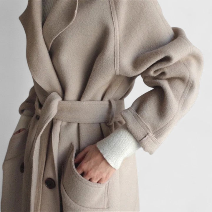 Damen Langer Zweireiher-Mantel mit Bindegürtel, Oversized