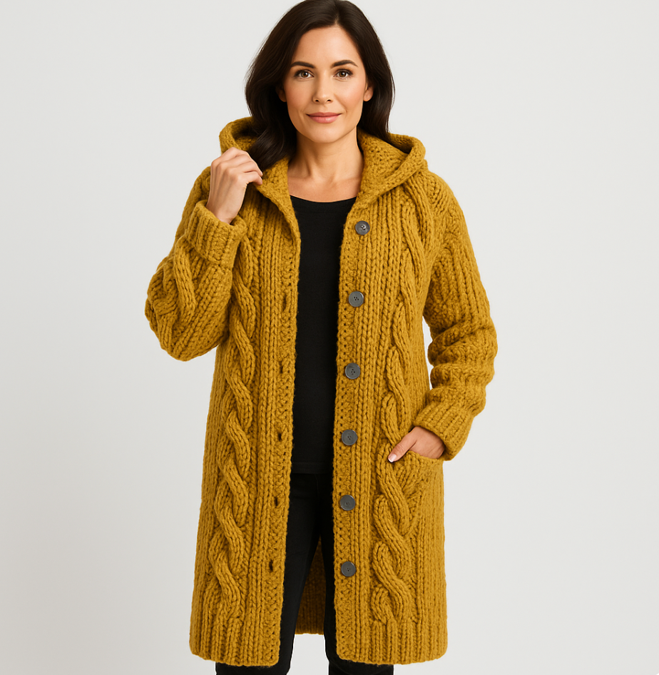 Damen Lange Strickjacke mit Zopfmuster und Kapuze in Gelb