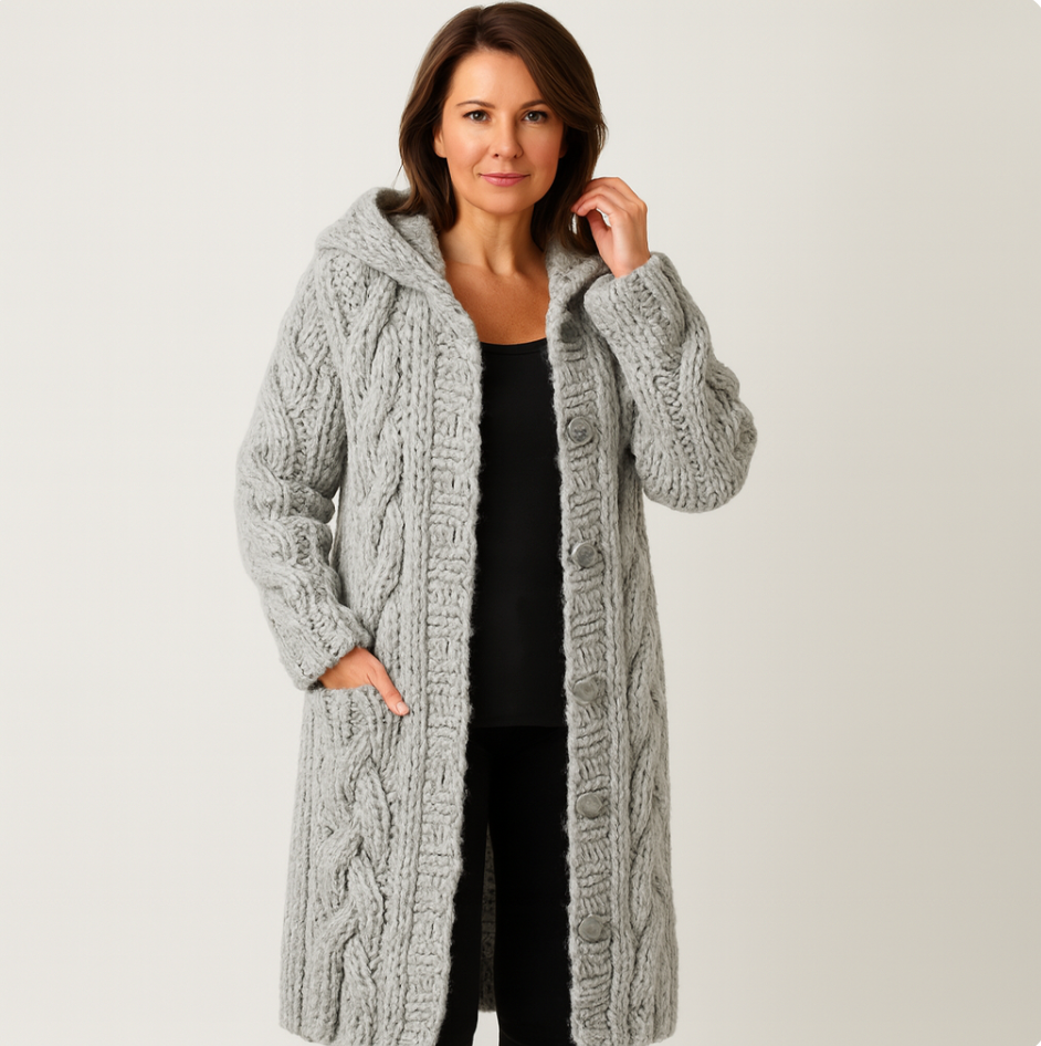 Damen Lange Strickjacke mit Zopfmuster und Kapuze in Grau