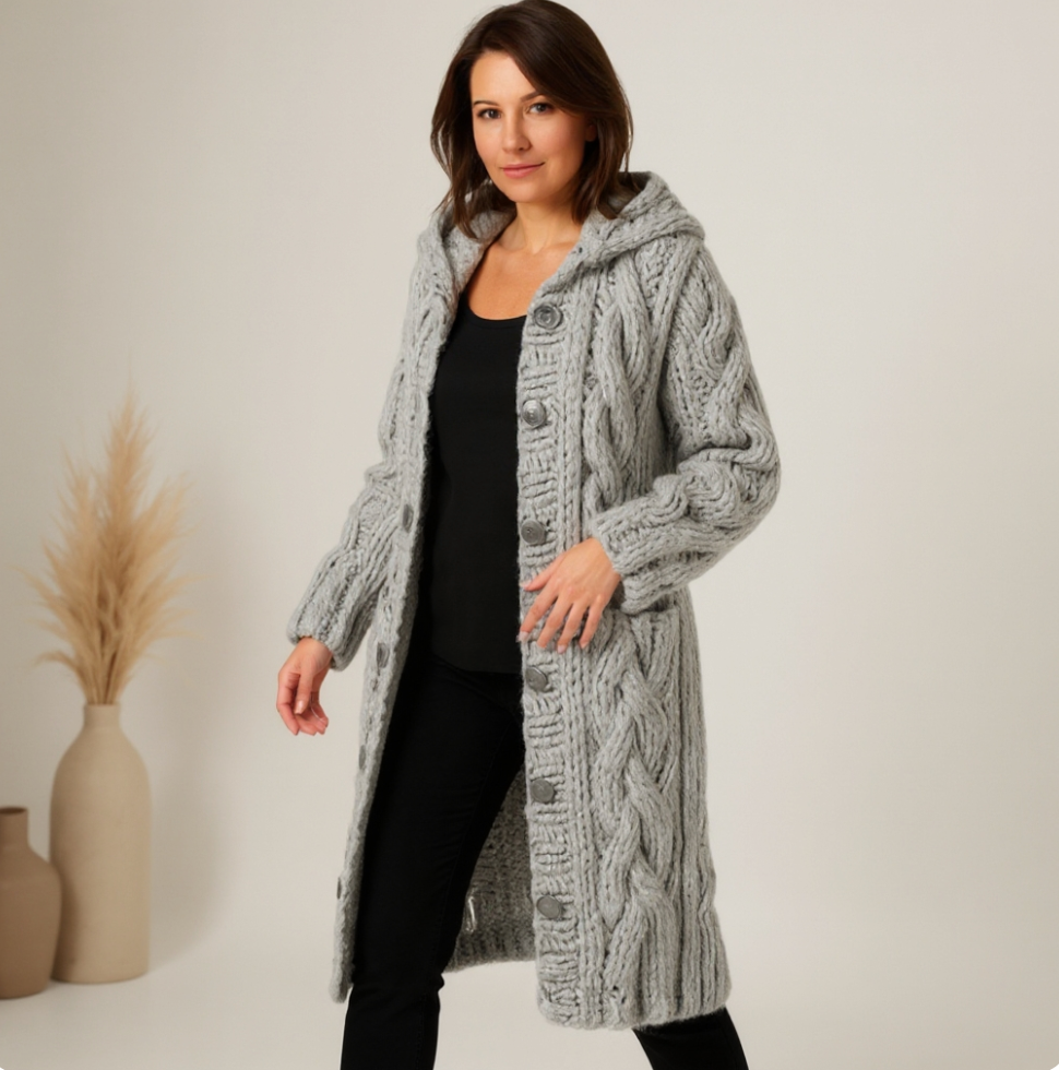 Damen Lange Strickjacke mit Zopfmuster und Kapuze in Grau