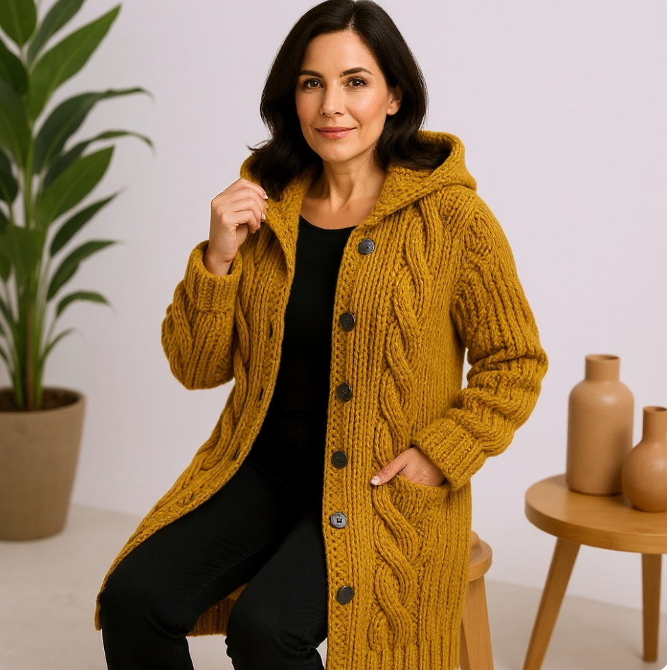 Damen Lange Strickjacke mit Zopfmuster und Kapuze in Gelb