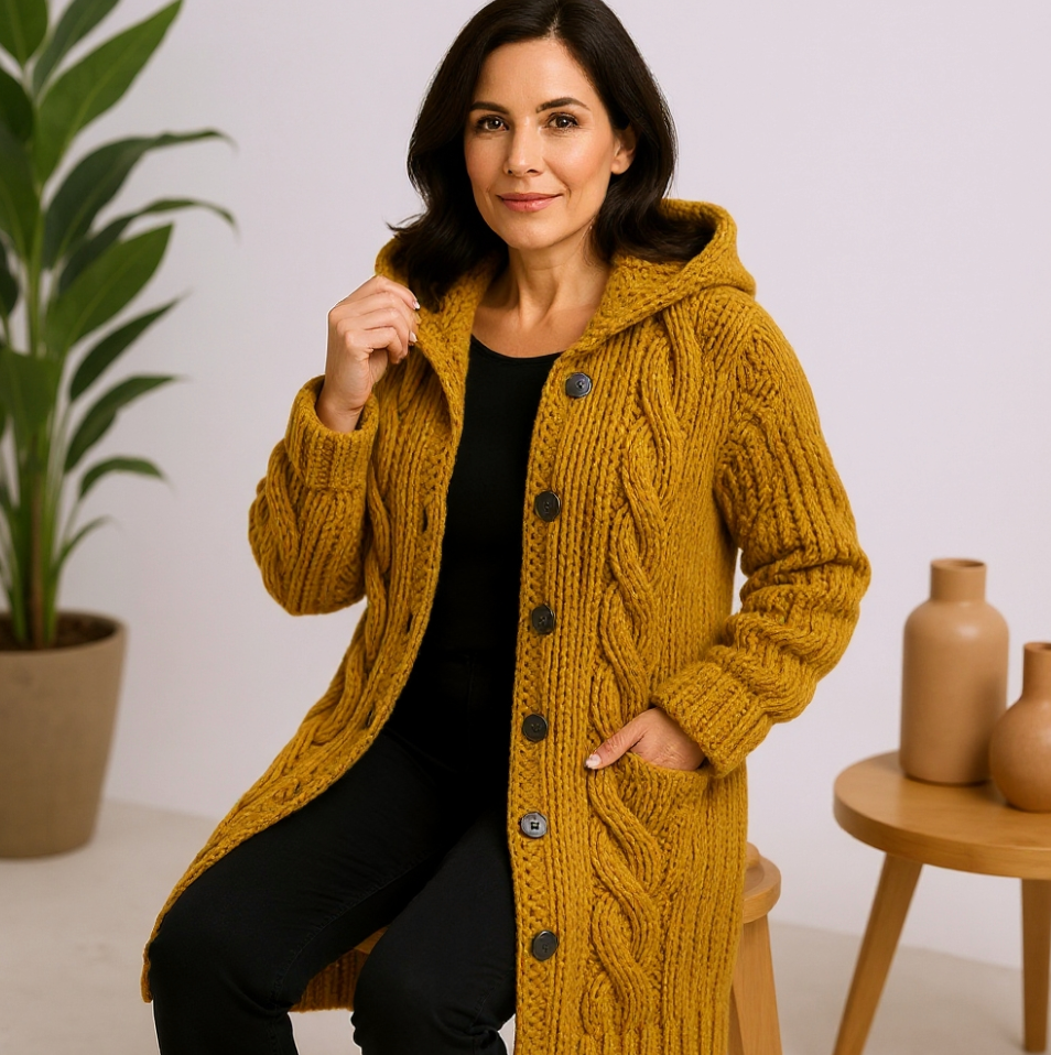 Bayer Modehaus - Damen Strickjacke lang mit Zopfmuster, Kapuze und Knöpfen - Produktbild 9