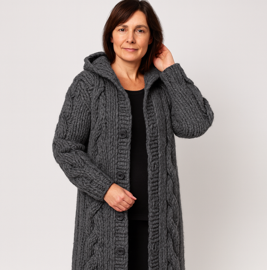 Bayer Modehaus - Damen Strickjacke lang mit Zopfmuster, Kapuze und Knöpfen in Dunkelgrau