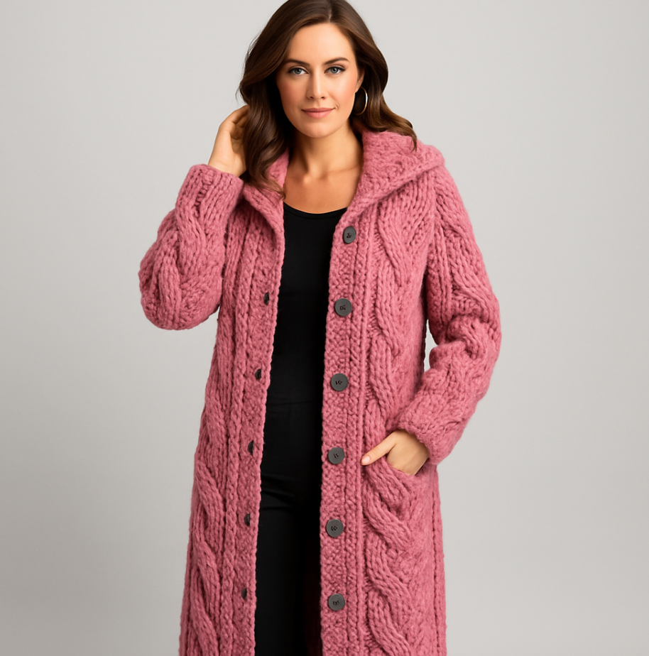 Bayer Modehaus - Damen Strickjacke lang mit Zopfmuster, Kapuze und Knöpfen in Rosa