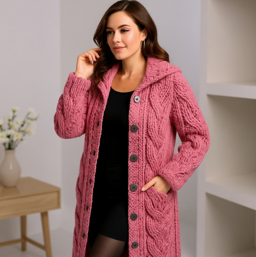 Damen Lange Strickjacke mit Zopfmuster und Kapuze in Rosa