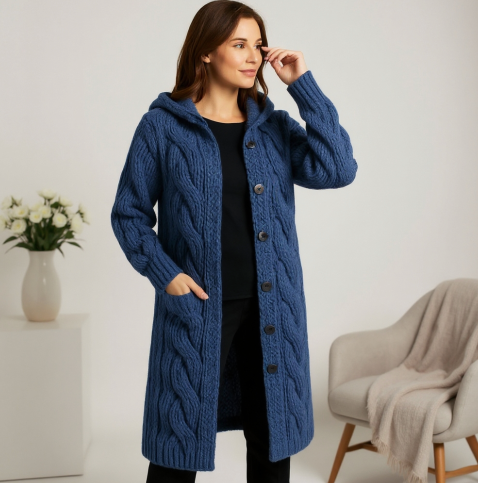 Bayer Modehaus - Damen Strickjacke lang mit Zopfmuster, Kapuze und Knöpfen - Produktbild 7