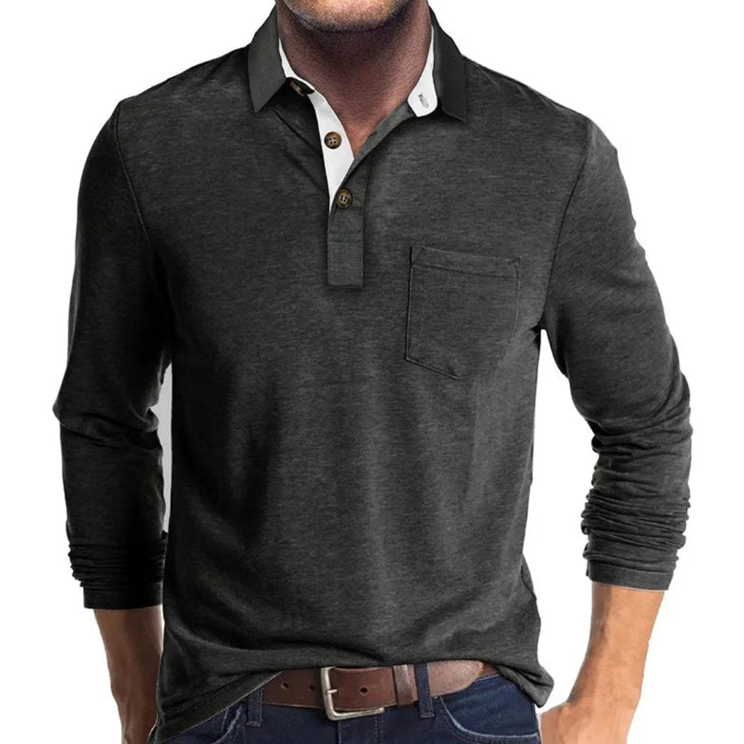 Bayer Modehaus - Herren Langarm-Poloshirt mit Polokragen und Brusttasche in Dunkelgrau
