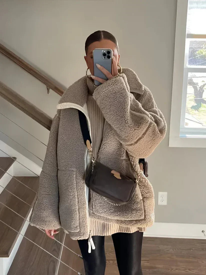Damen Oversized Teddyjacke mit Stehkragen und Reißverschluss