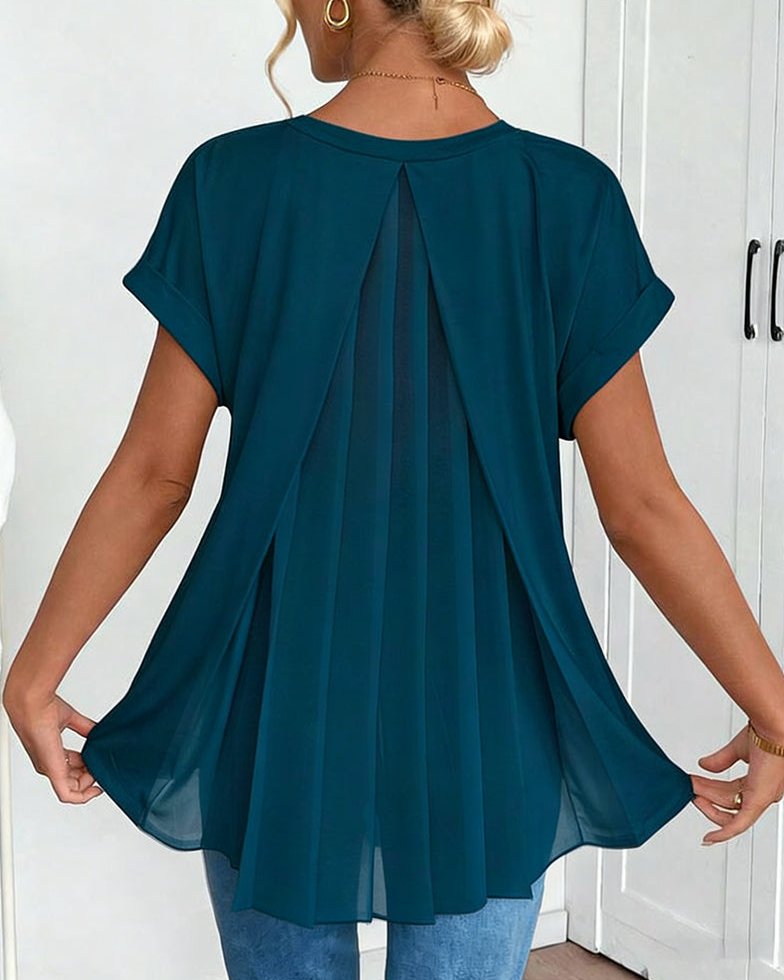Bayer Modehaus - Damen Tunikabluse mit Plissee-Rücken und V-Ausschnitt, kurzarm in Blau