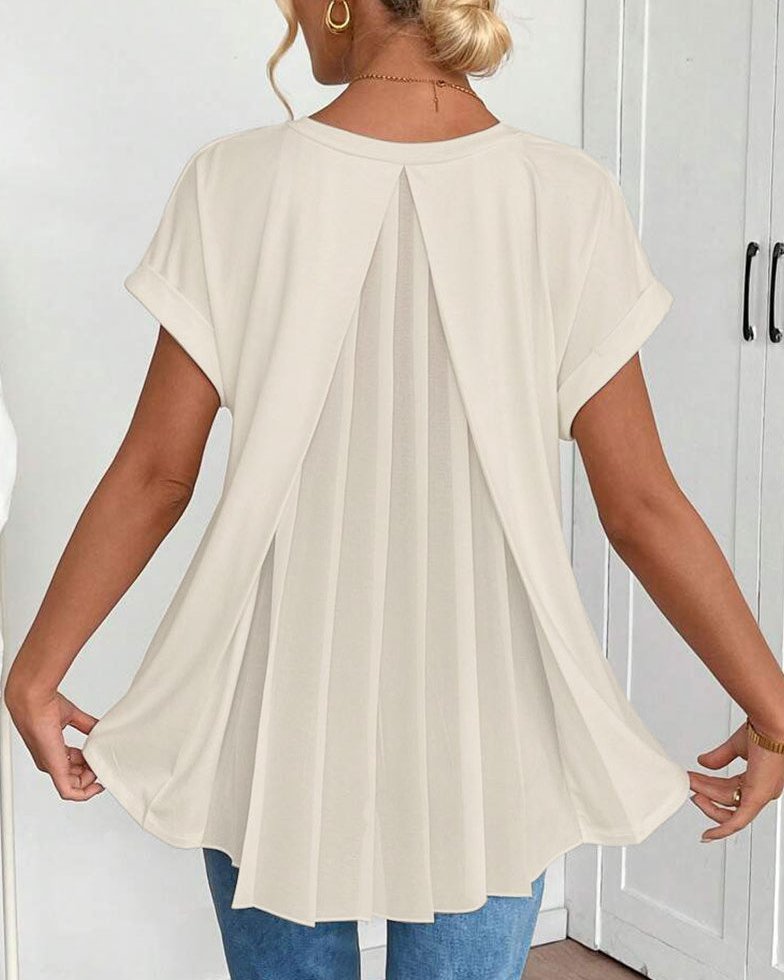 Bayer Modehaus - Damen Tunikabluse mit Plissee-Rücken und V-Ausschnitt, kurzarm in Beige