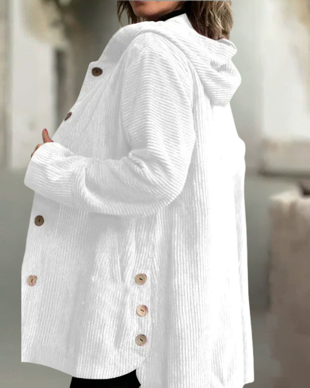 Damen Lange Cordjacke mit Kapuze und Knopfleiste in Weiß