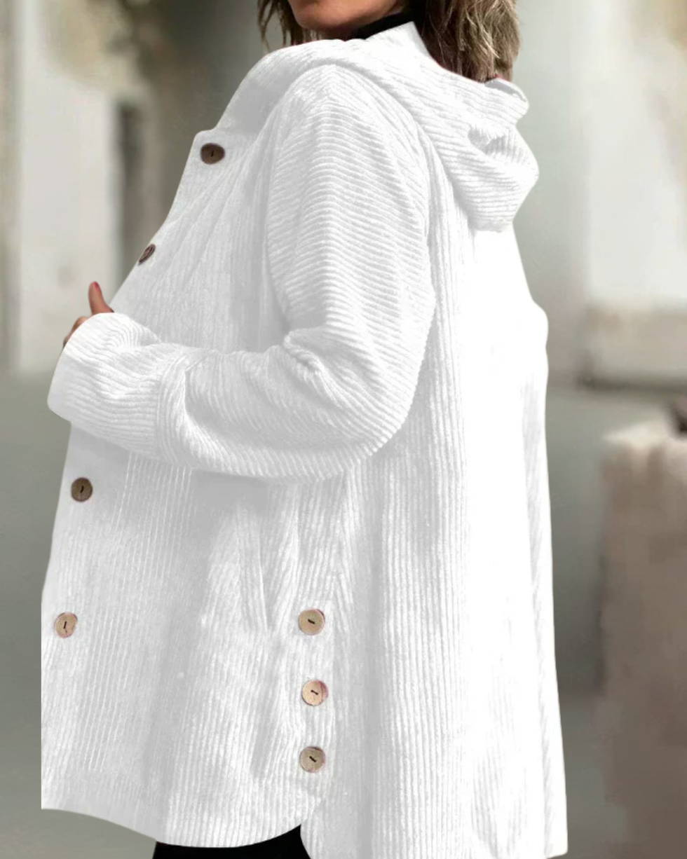 Bayer Modehaus - Damen Lange Cordjacke mit Kapuze und Knopfleiste in Weiß