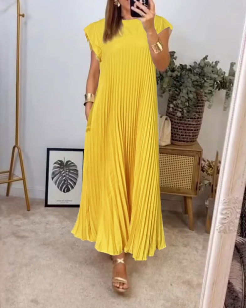 Bayer Modehaus - Damen Plisseekleid mit Rundhals, Maxi-Länge, kurze Ärmel in Gelb
