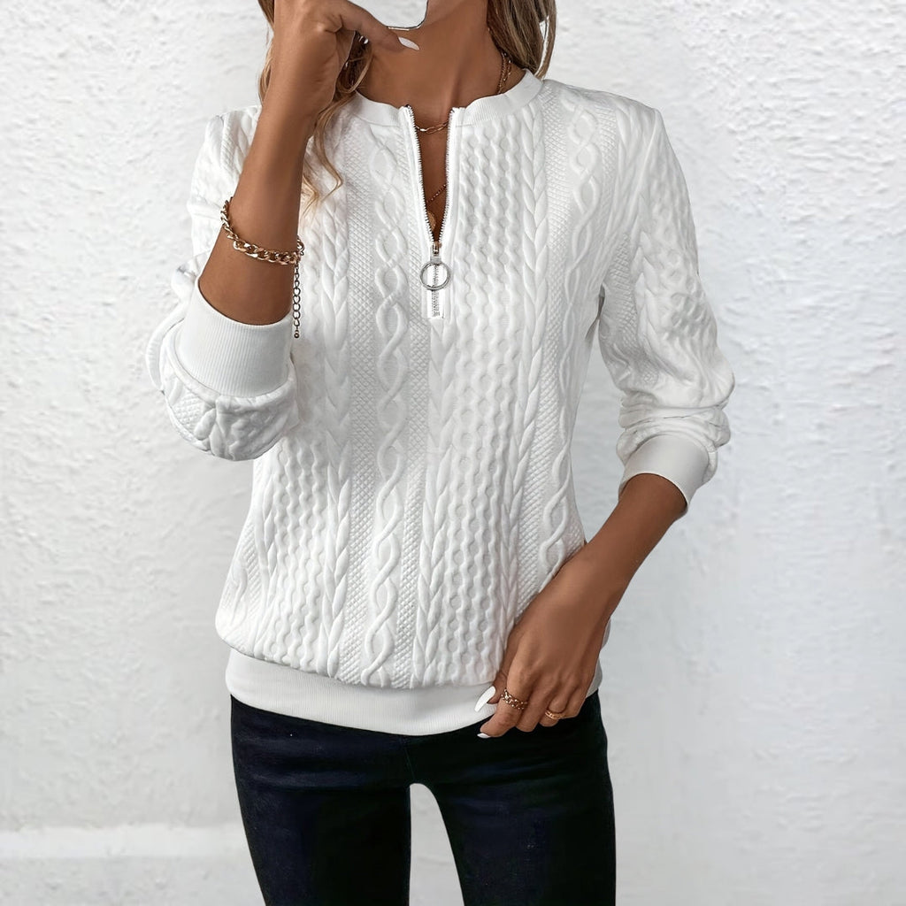 Damen Strickpullover mit Zopfmuster und Reißverschluss in Weiß