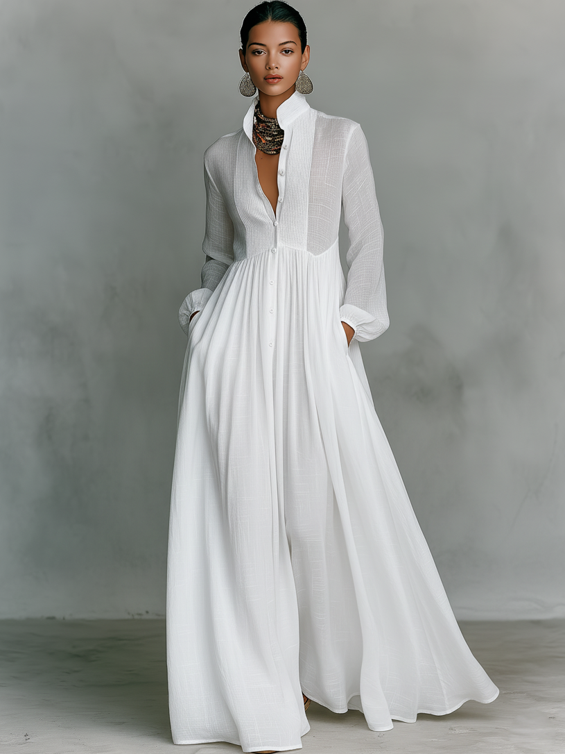 Blusenkleid Damen Maxikleid, Faltenrock, Kragen, Knopfleiste, Taschen