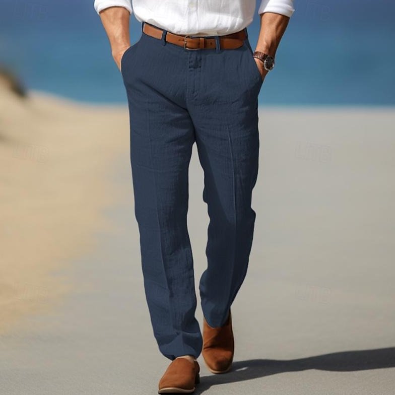 Bayer Modehaus - Herren Chinohose mit Bügelfalte und geradem Bein, Leinen-Optik in Marineblau