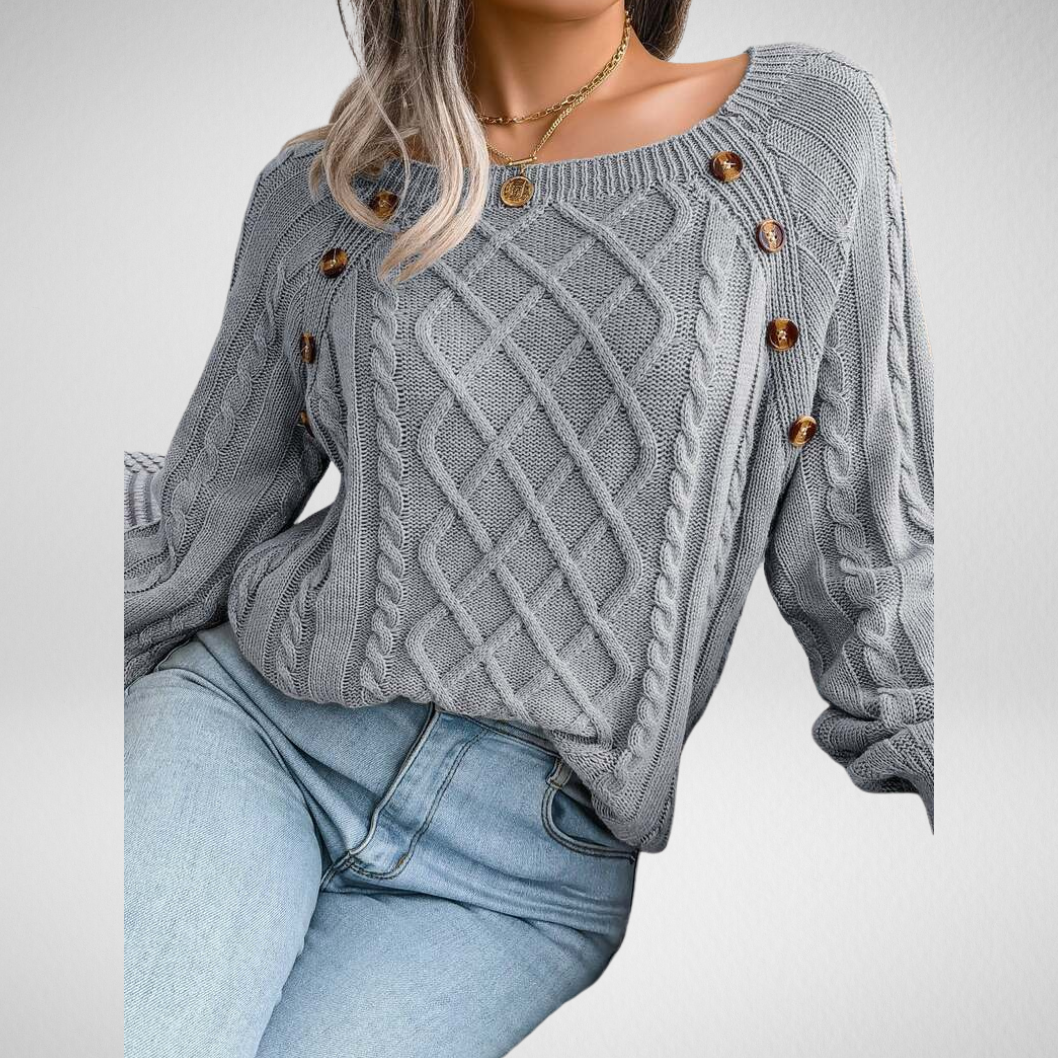 Pullover Damen Strickpullover mit Zopfmuster und Zierknöpfen